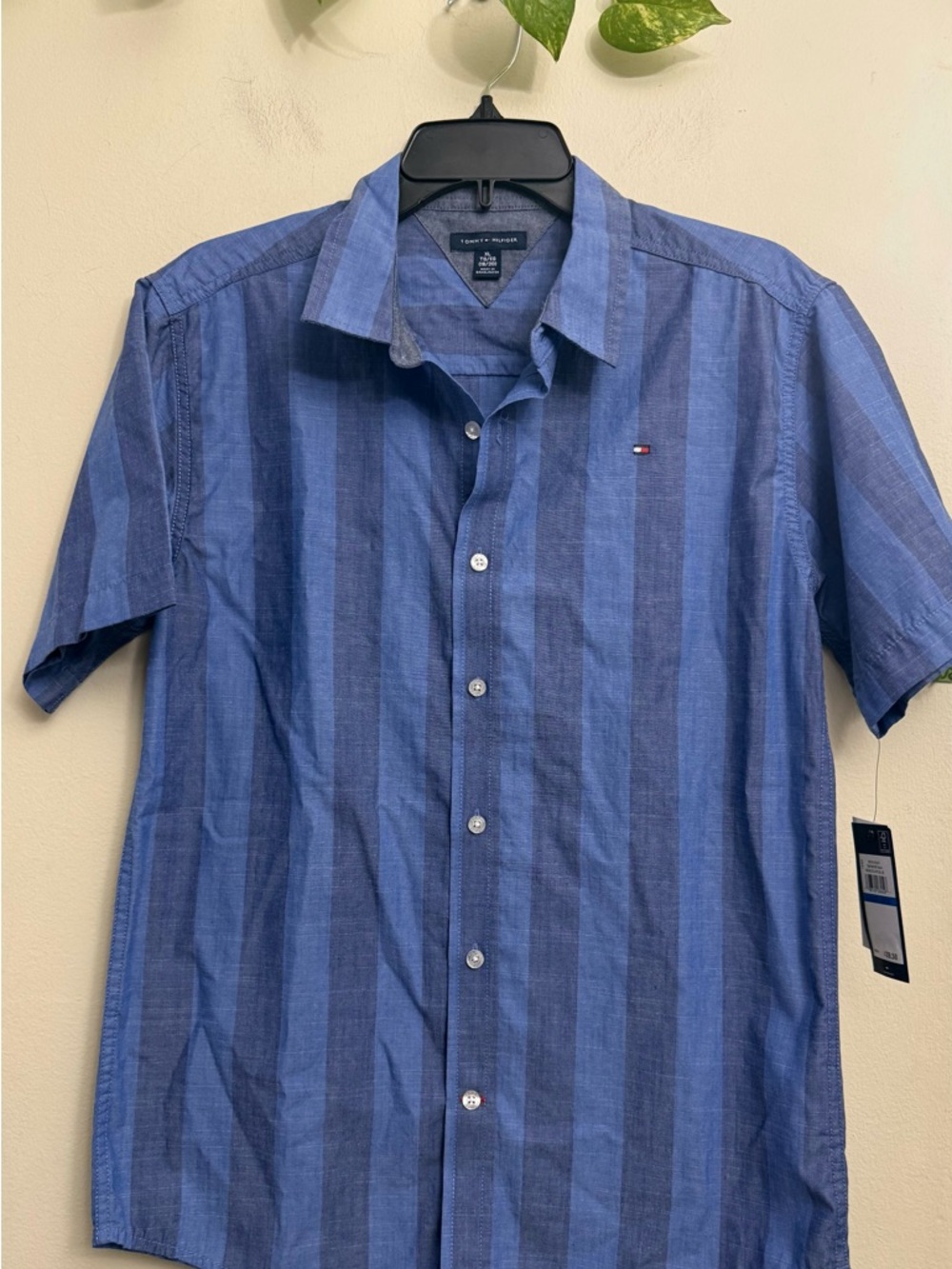 Tommy Hilfiger Blue Vertical Stripe Short Sleeve Button-Down Shirt
